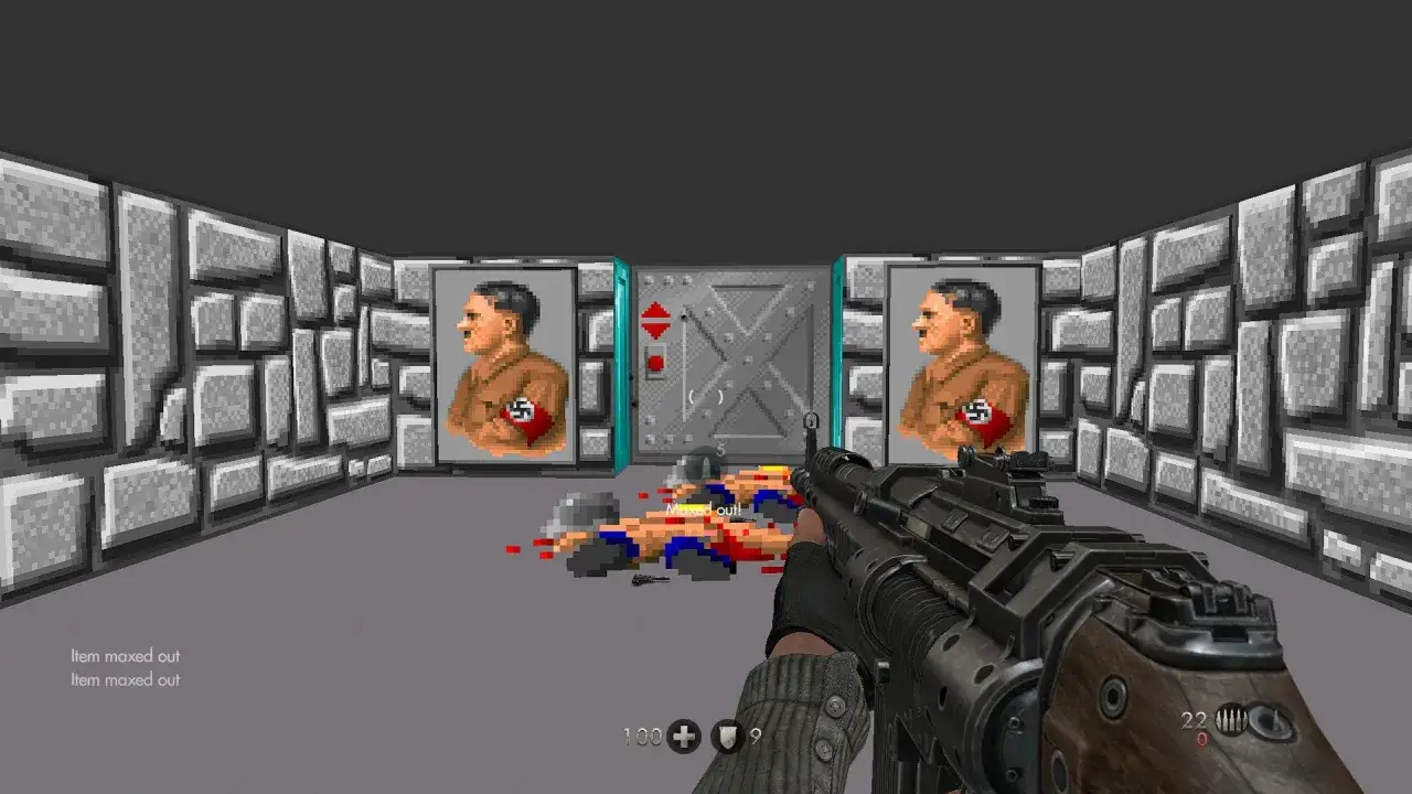 Escena de Wolfenstein The New Order, con retratos de Hitler, enemigos ca&iacute;dos y un arma en primer plano. &iexcl;Una gu&iacute;a para superar este nivel!