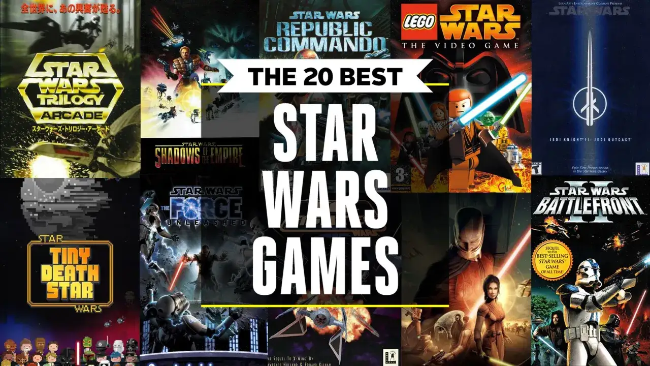 Una colecci&oacute;n de portadas de videojuegos de Star Wars, mostrando la diversidad de los juegos de Star Wars, desde acci&oacute;n hasta estrategia.